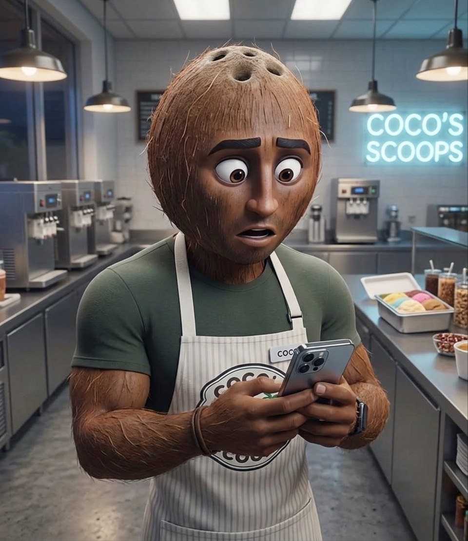 cocardo, a coconut in a coco's scoops apron, making an app on his phone in his ice cream shop